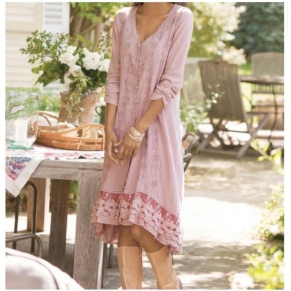 Soft Surroundings Rose Embroidered Lace Trimmed Boho Prairie Dress Small